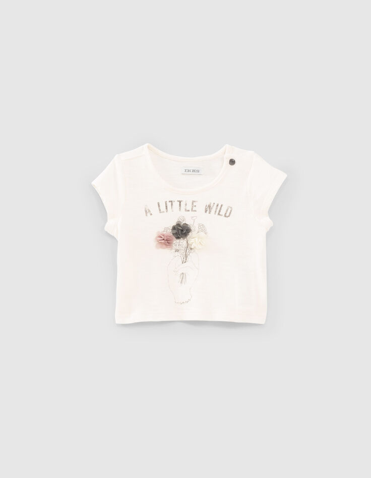 T-shirt écru bio avec fleurs 3D bébé fille-1 T-shirt écru bio avec fleurs 3D bébé fille-1