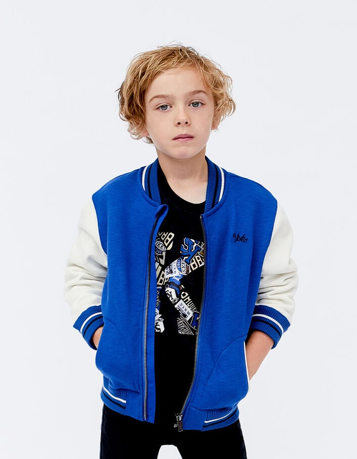 Boys’ blue and ecru baseball cardigan, XL embroidered back-2