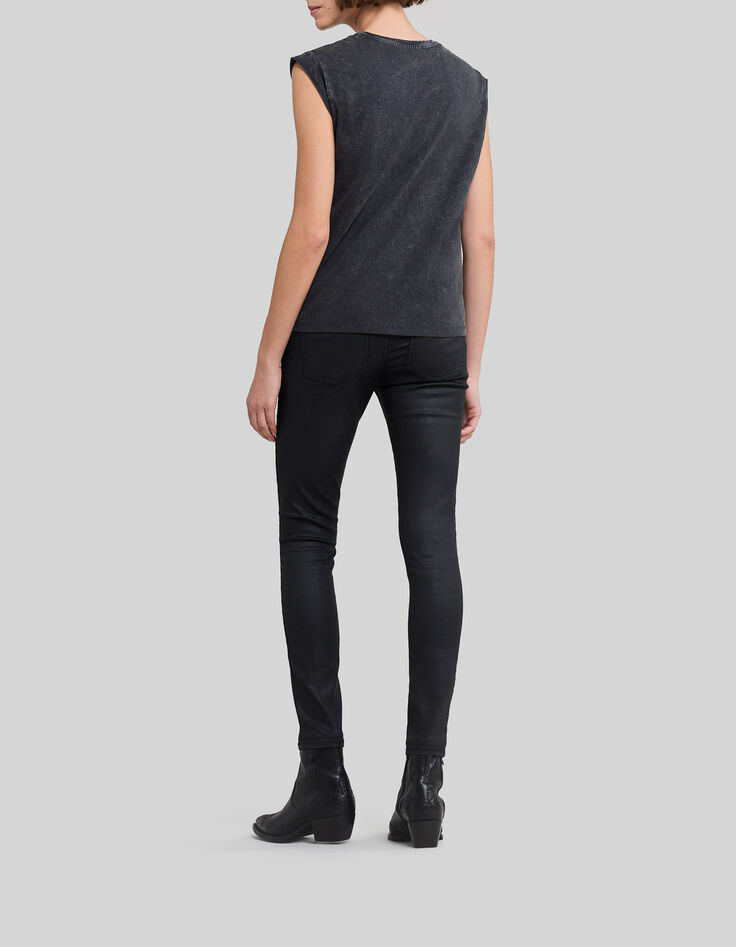 Tee-shirt gris t&ecirc;te de mort brod&eacute;e fils et strass Femme-5