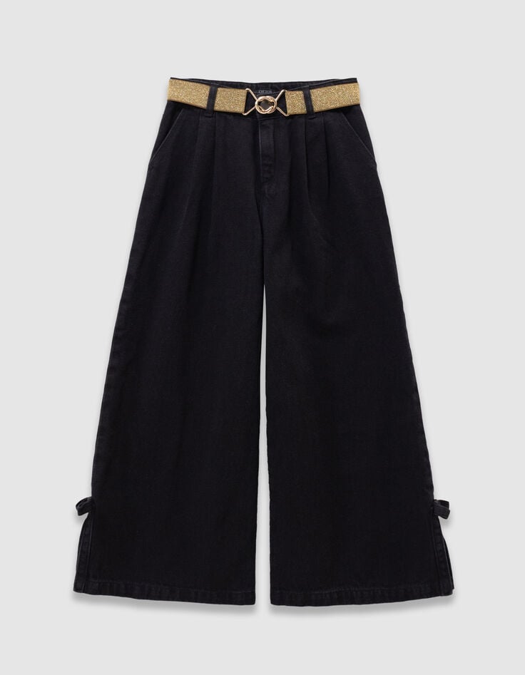 Schwarze weite Mädchenjeans mit Falten und Schleifen-1 Schwarze weite Mädchenjeans mit Falten und Schleifen-1