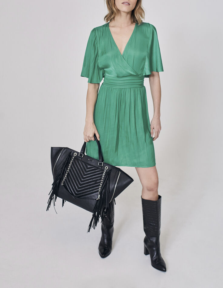 Robe verte satinée recyclée avec ceinture drapée Femme-7