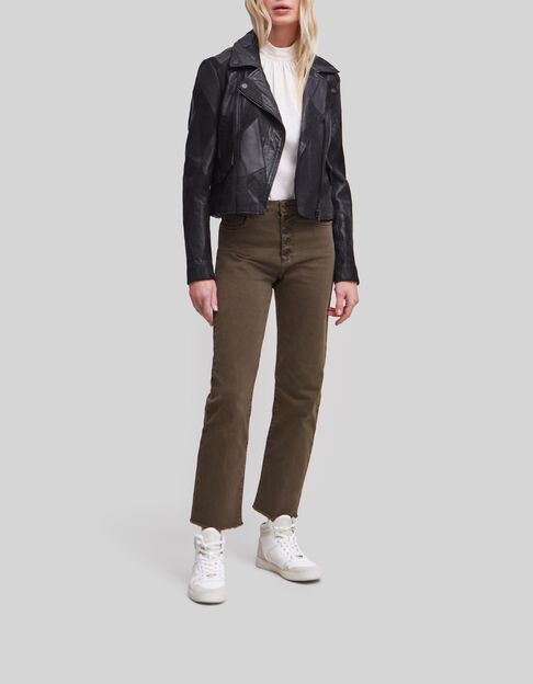 Women's black leather patchwork-look biker-style jacket - IKKS