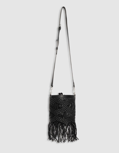 Black leather macramé-style fringed bucket bag - IKKS