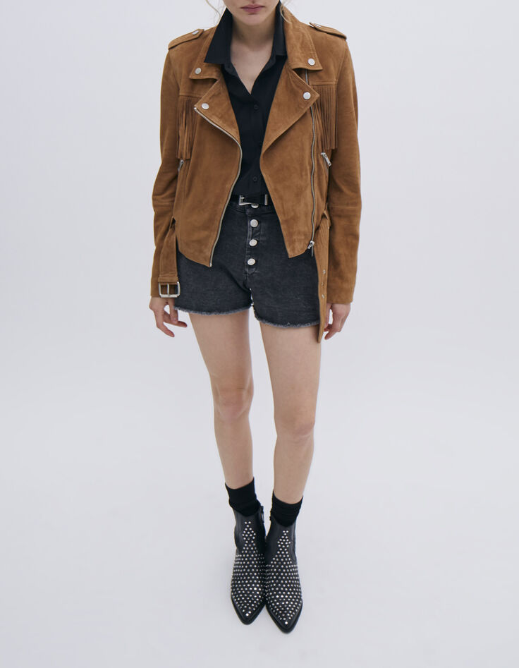 Veste en cuir velours camel esprit motard à franges Femme-2