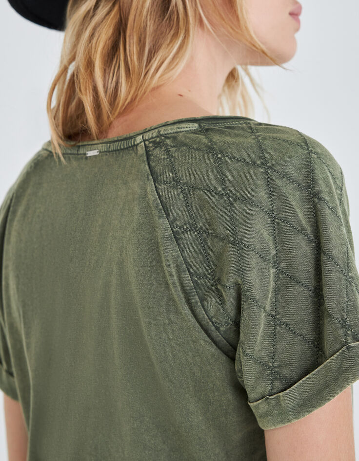 Women's khaki quilted-sleeve T-shirt-5 Women's khaki quilted-sleeve T-shirt-5