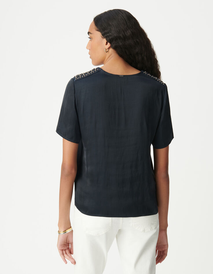 Crumpled navy top with jewelled shoulders Women-3