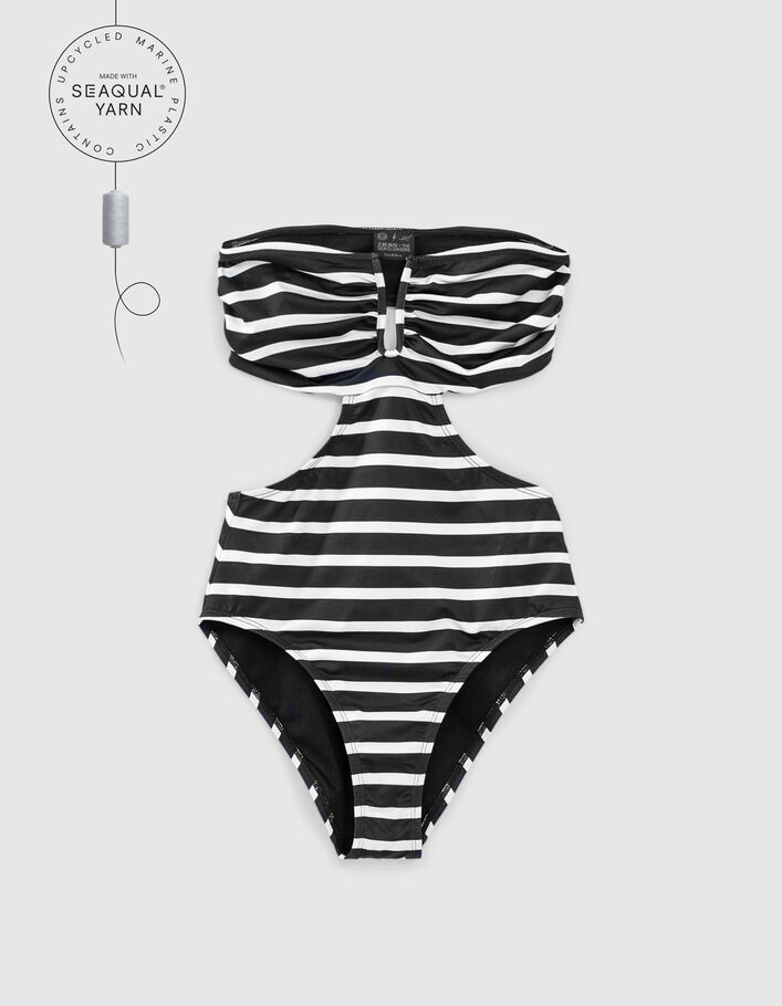 Women’s black sailor stripe trikini, ecru stripes & badge - IKKS