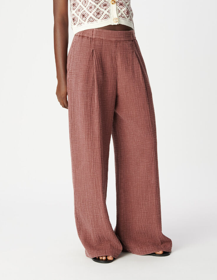 Pantalon large bordeaux gaze de coton Femme-6