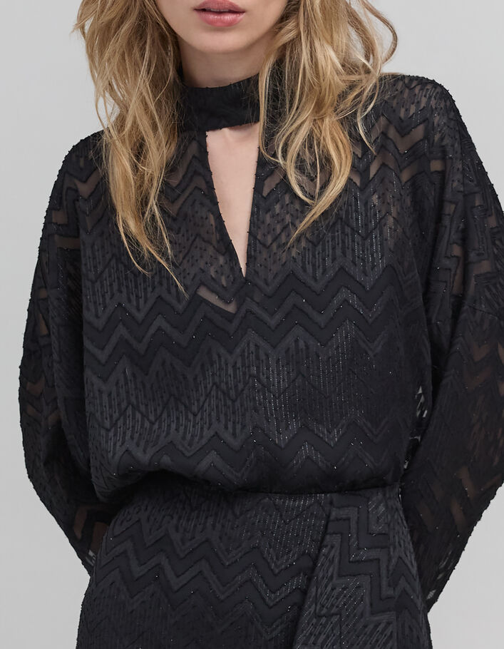 Zwarte jacquard visgraat lurex voile blouse voor dames