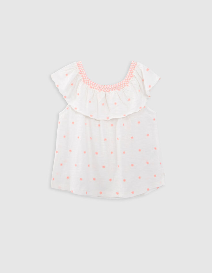 T-shirt blanc jacquard fluo col élastiqué fille-1