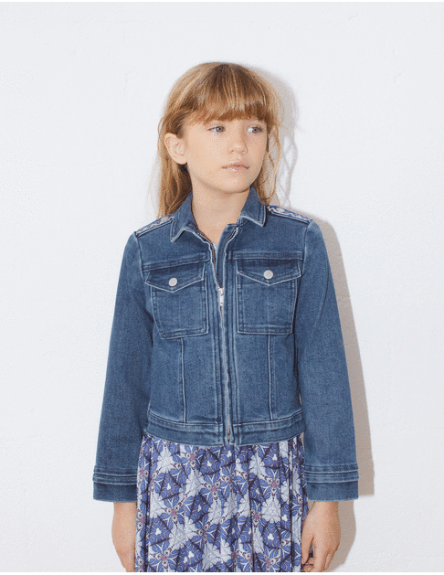 Girls' blue waterless denim jacket, XL embroidery on back