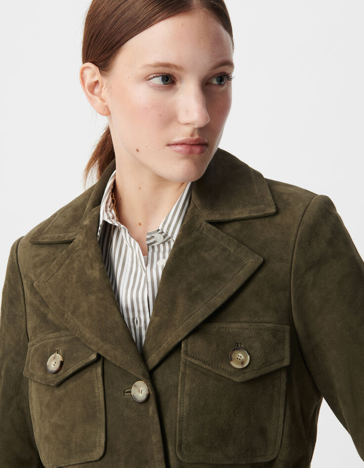 Veste saharienne kaki en cuir velours ceinturée Femme-6