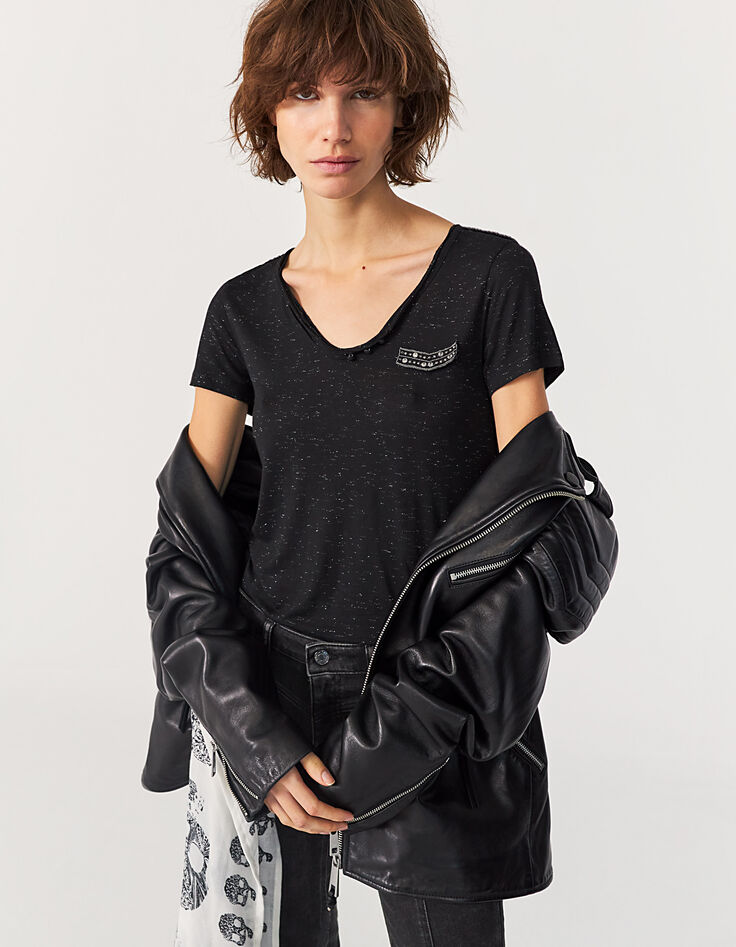 Camiseta negra metalizada de viscosa pedrería mujer-1
