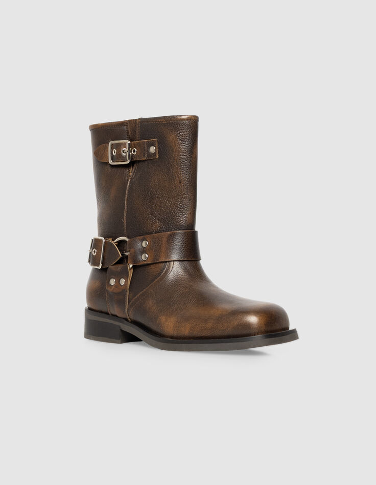Braune Damenbikerstiefeletten Veloursleder 3 Schnallen-2