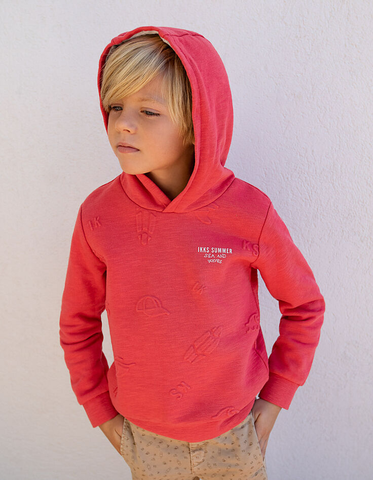 Sweat corail à capuche motifs embossés garçon -1