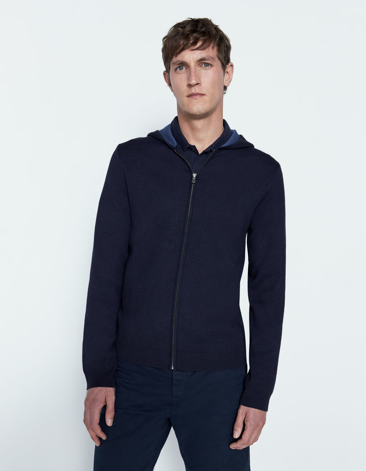 Cárdigan azul marino punto doble faz capucha Hombre-1