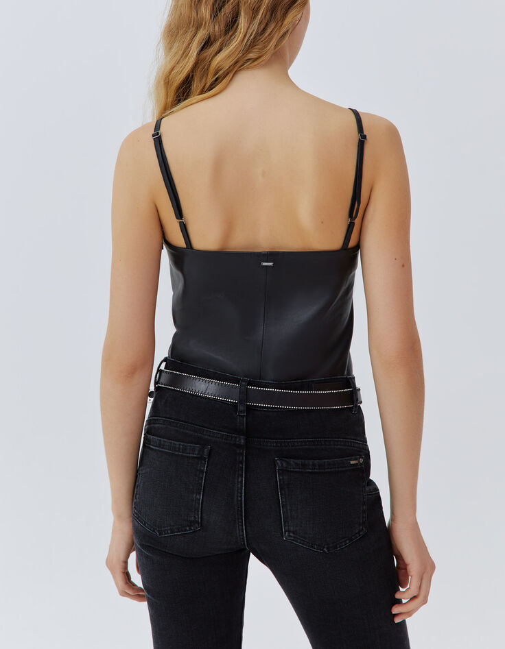 Top fines bretelles noir en cuir brodé Femme-3