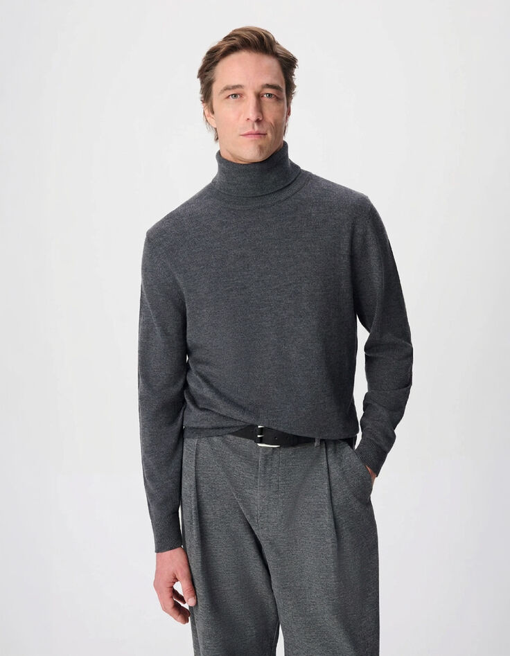 Pull col roul&eacute; gris tricot 100% laine Homme-1