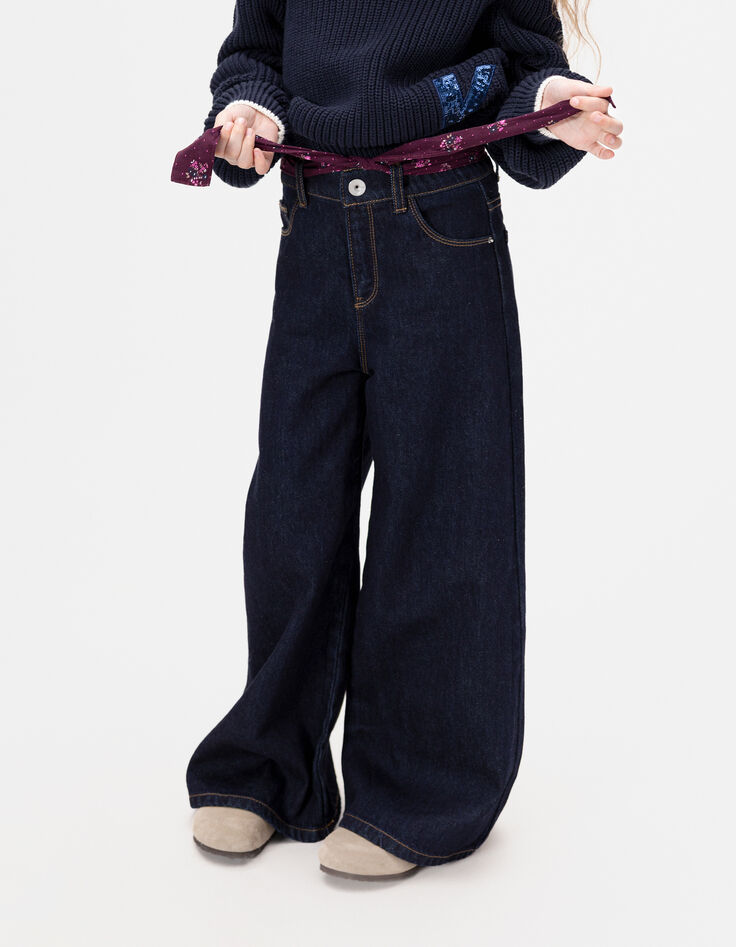 Blaue weite Mädchenjeans Blulen-Tuch-Gürtel-2