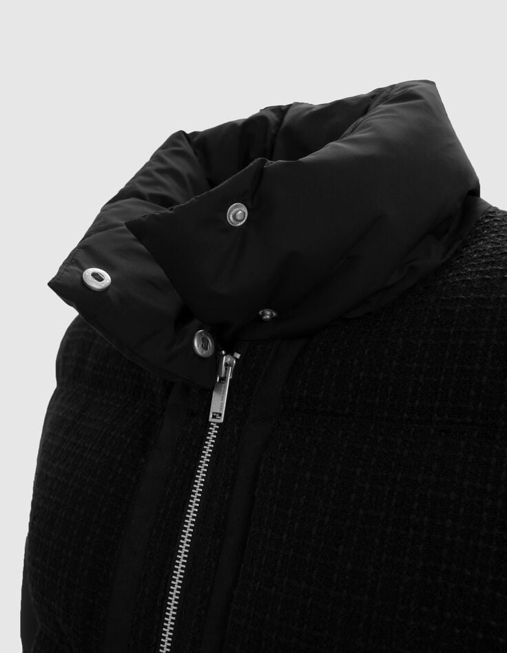 Doudoune courte bi-matière noir badge manche femme-5