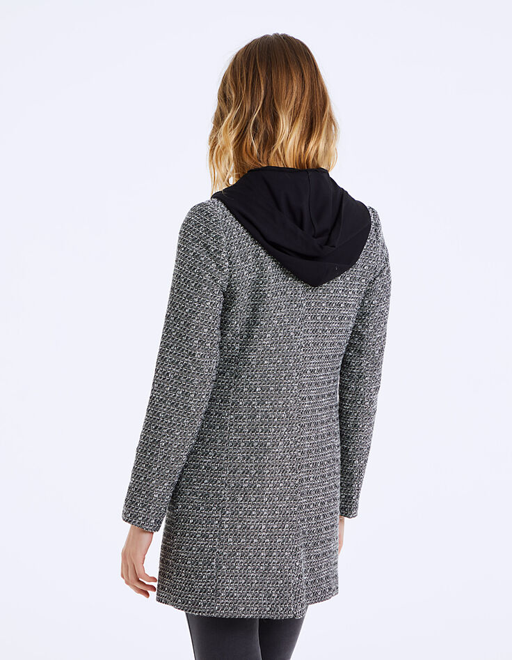 Manteau mi-long en tweed à capuche amovible femme-3 Manteau mi-long en tweed à capuche amovible femme-3