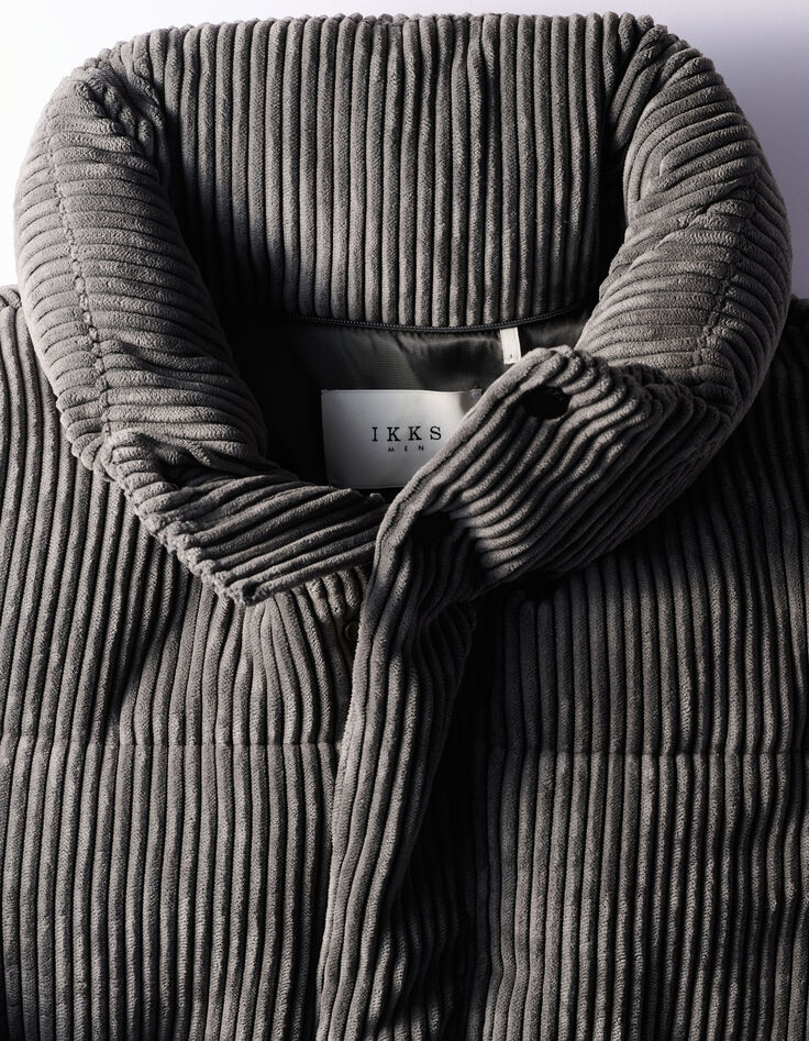 Grijze pufferjas ribvelours afneembare kap Heren-6