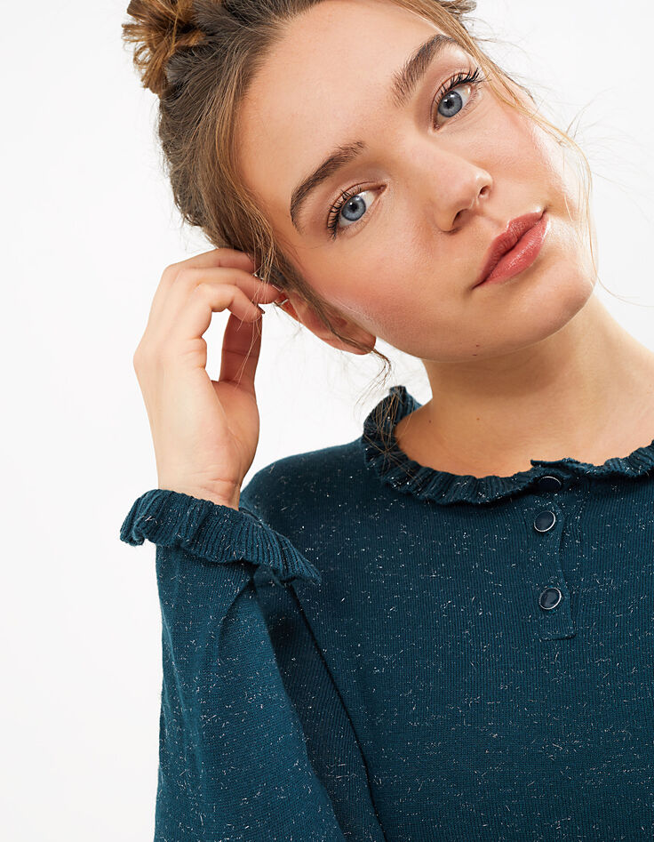 Grüner Strickpullover mit Glitzer und Plisseekragen I.Code-4