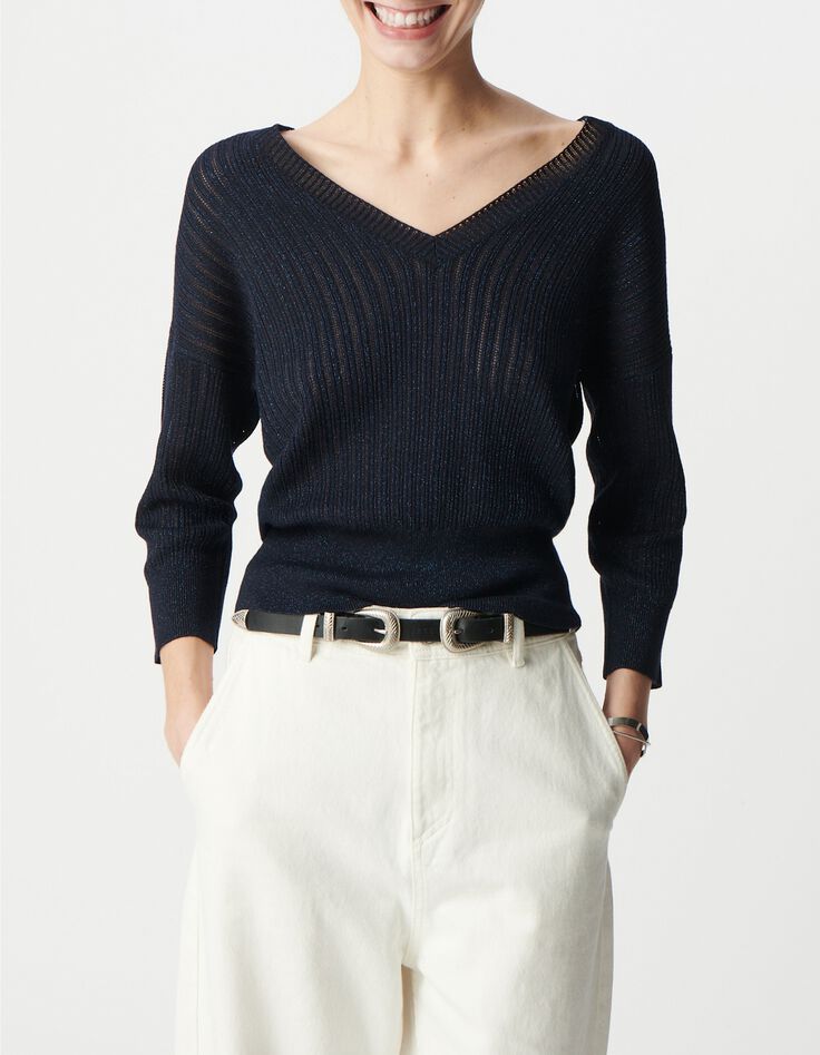 Pull chic marine tricot lurex ajour&eacute; Femme-2