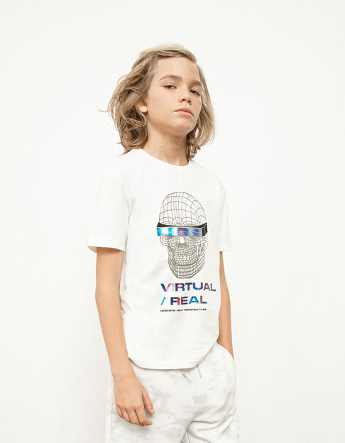 Boys’ white organic T-shirt with 3D-look skull
