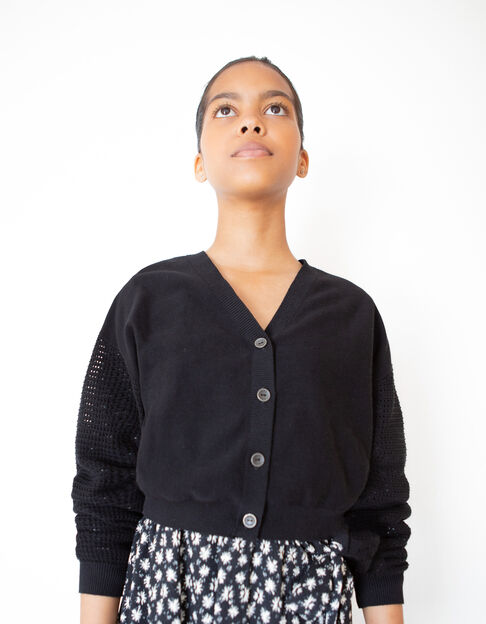 Girls’ black knit cropped cardigan with openwork sleeves