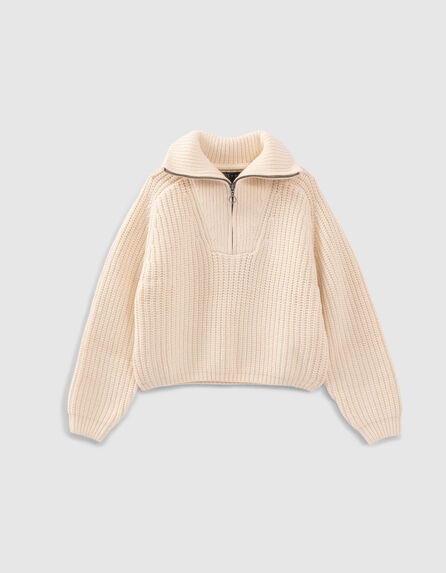 Girls’ vanilla rib knit zip-neck sweater