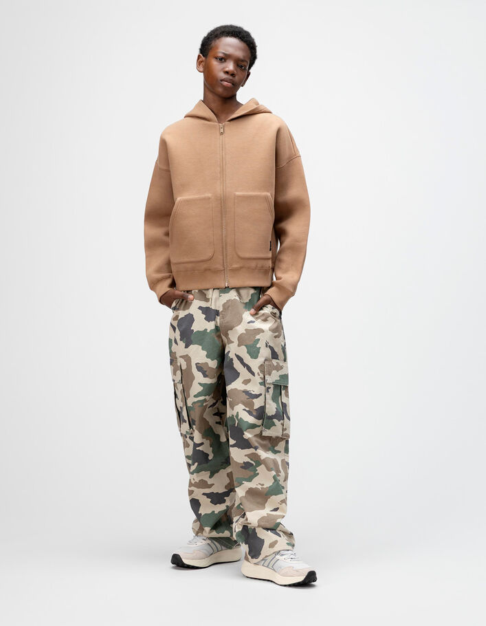 Sweat à capuche zippé camel embossé dos garçon IKKS