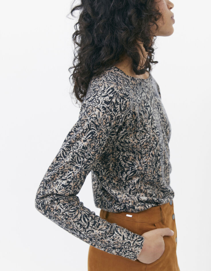 Pull marron en maille fine imprimé arabesque femme-2