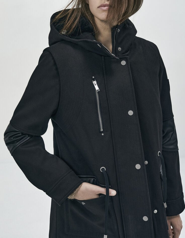 Parka mi-longue surpiquée twill coloris noir capuche femme-1