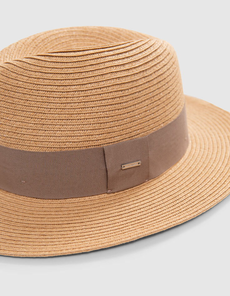 Women&rsquo;s beige straw-style hat with taupe braid-4