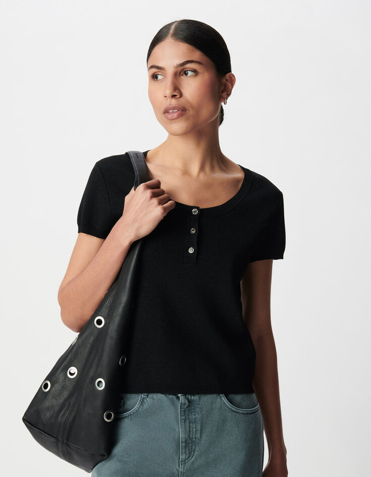 Women's fine black sequined button-down sweater-2