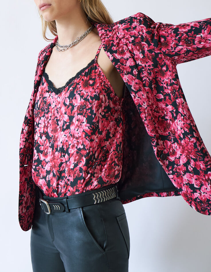 Rosa Damentop mit Blumenprint und schwarzer Spitze-4