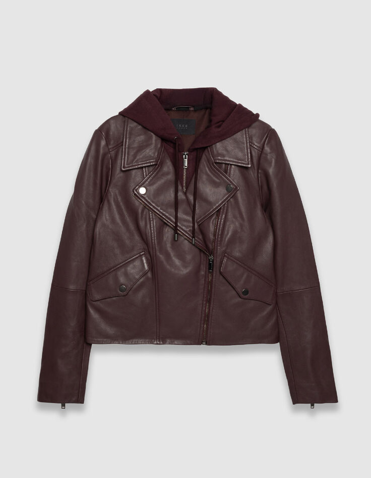 Chaqueta cuero burdeos motera capucha extra&iacute;ble mujer-7