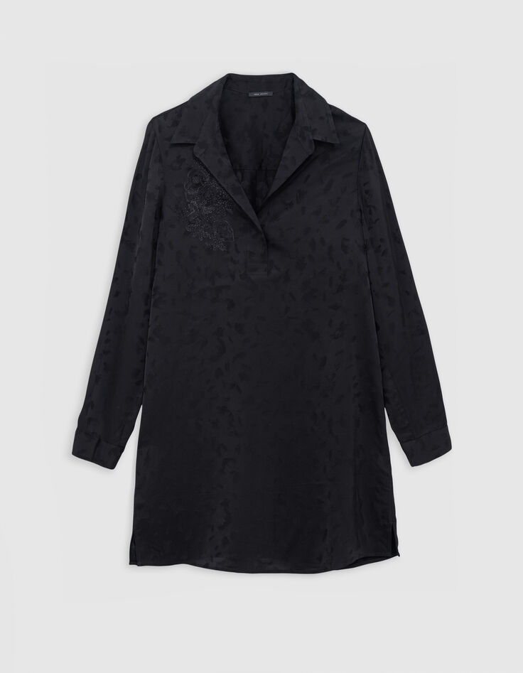 Schwarzes Jacquard-kleid mit kunstvollen Stickereimotiven-6