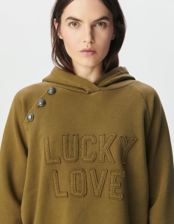 Women’s khaki organic cotton hoodie, buttons and slogan-4 Women’s khaki organic cotton hoodie, buttons and slogan-4