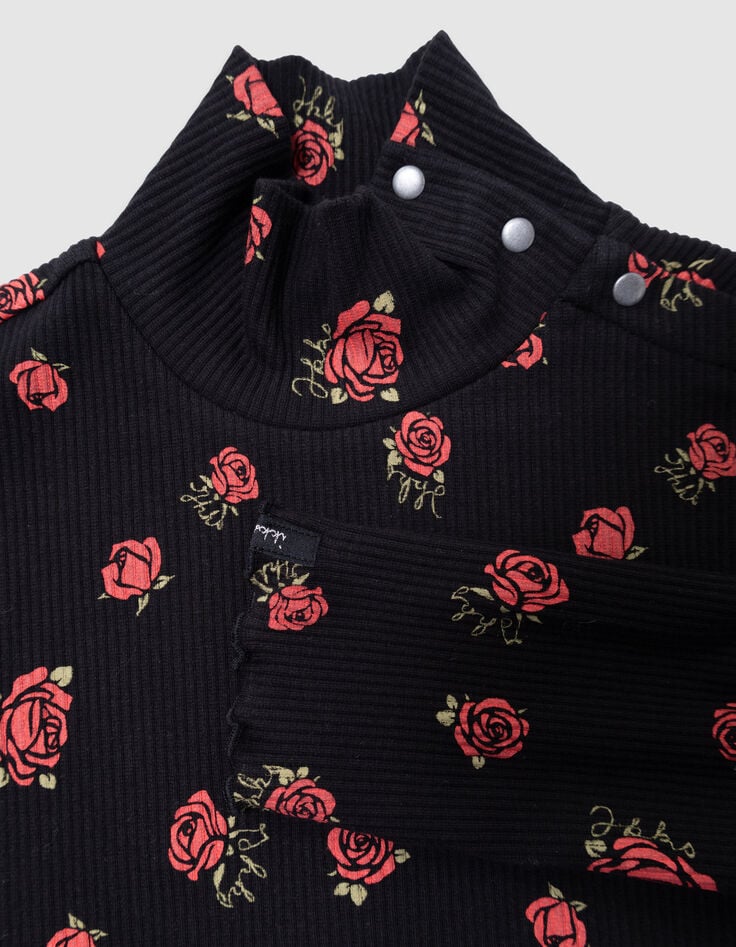 Schwarzes Mädchen-T-Shirt lange Ärmel gerippt Rosenprint-7 Schwarzes Mädchen-T-Shirt lange Ärmel gerippt Rosenprint-7