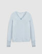 Pull encolure V bleu ciel 100% laine Femme-7
