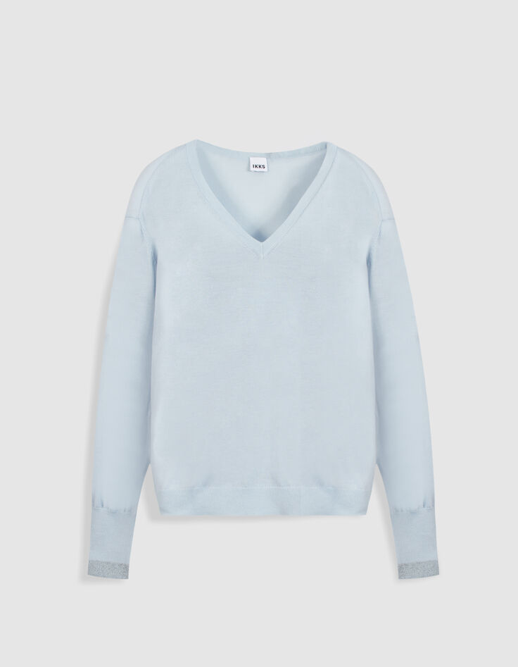 Pull encolure V bleu ciel 100% laine Femme-7