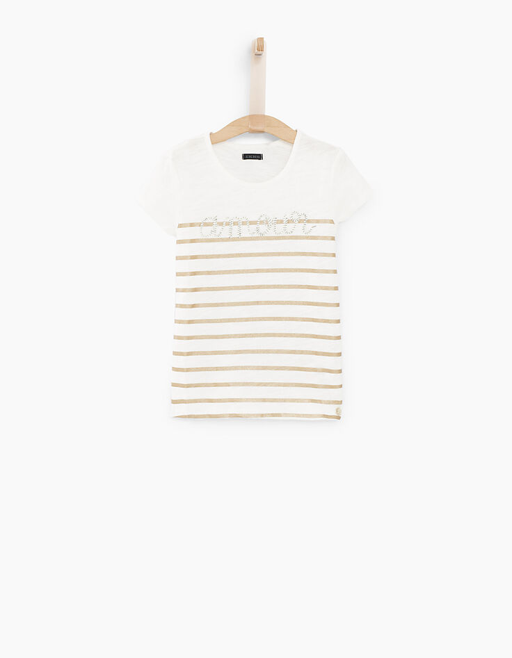 Tee-shirt blanc cassé rayé or brodé Amour fille-1