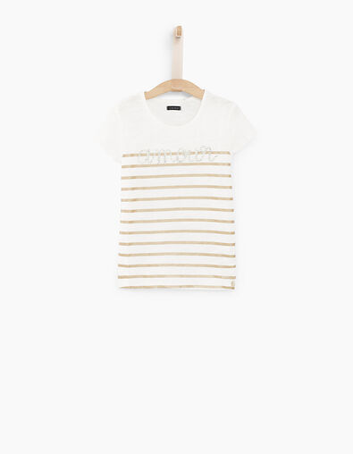 Camiseta blanco roto de rayas doradas bordado Amour niña - IKKS