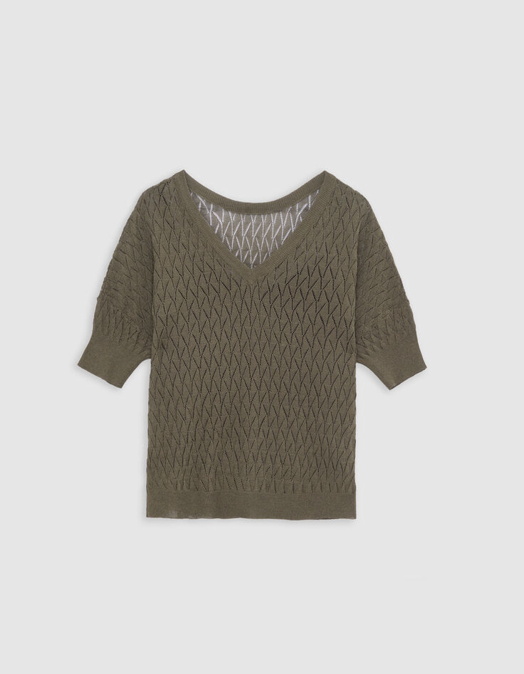 Pull kaki tricot lurex ajouré encolure V dos Femme-7