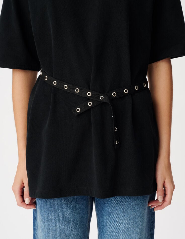 Tee-shirt mi-long noir avec ceinture amovible Femme-4