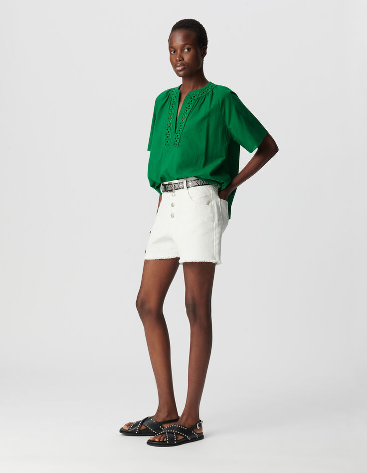 Blouse ample verte coton bio encolure brodée Femme-1 Blouse ample verte coton bio encolure brodée Femme-1