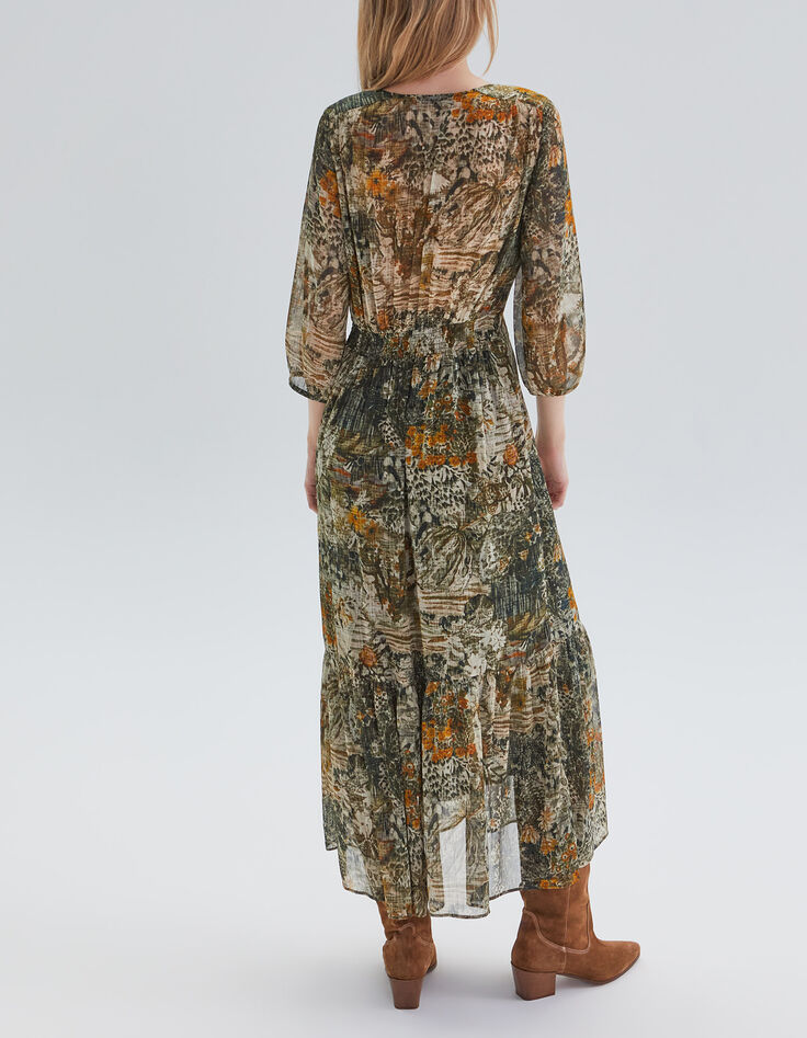 Women’s khaki landscape print long dress-3