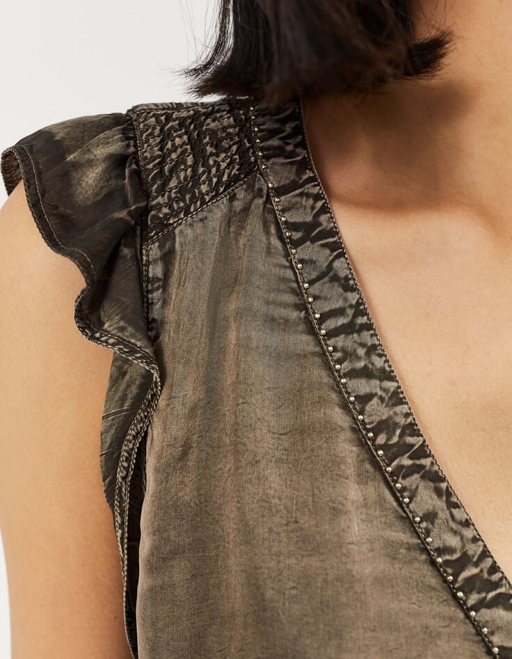 Women’s khaki cupro top with bead-edged V-neck-4